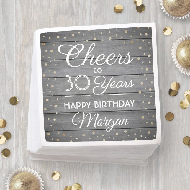 ANY Birthday Cheers Gray Wood & Gold Glitter Party Napkin (Creator Uploaded)