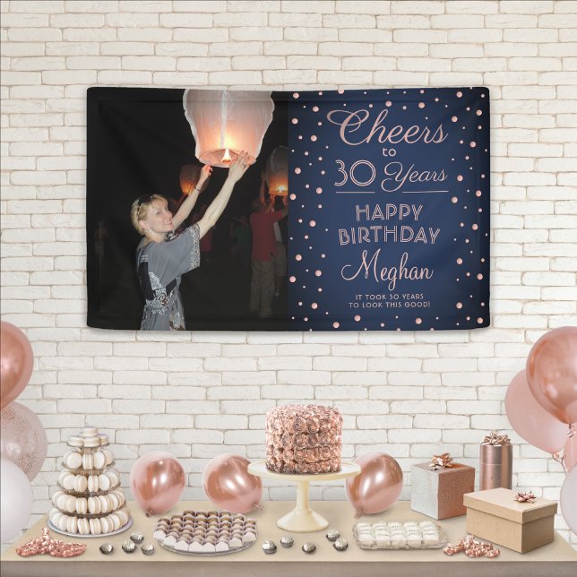 ANY Birthday Cheers Navy and Pink Confetti 1 Photo Banner (Creator Uploaded)
