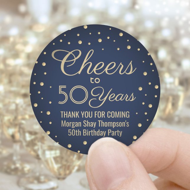 ANY Birthday Cheers Navy Blue and Gold Confetti Classic Round Sticker (Creator Uploaded)
