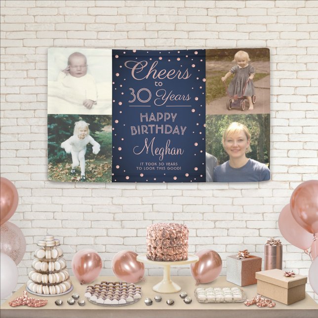 ANY Birthday Cheers Navy Blue and Pink 4 Photo Banner (Creator Uploaded)