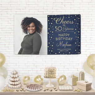 ANY Birthday Cheers Navy Blue Gold Confetti Photo Banner