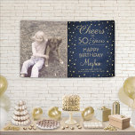 ANY Birthday Cheers Navy Blue Gold Confetti Photo Banner<br><div class="desc">Celebrate a happy milestone birthday with a custom photo blue and gold party banner. Design features an image of your choice, modern script calligraphy customisable "Cheers to 50 Years" and gold faux foil confetti dots on a navy blue background. Please note that text is printed colour, not metallic foil. The...</div>