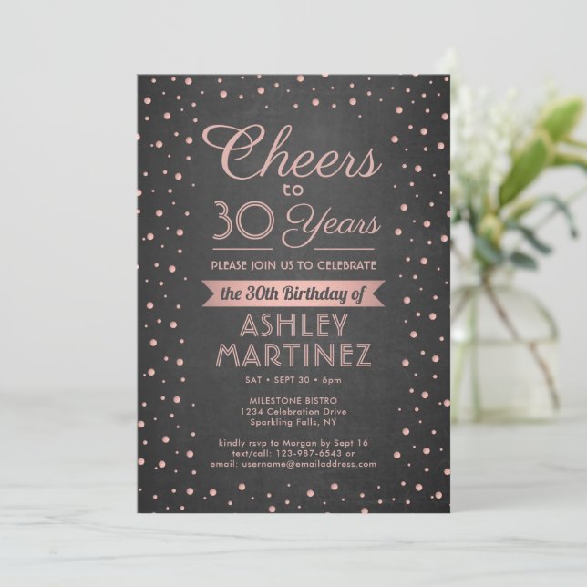 ANY Birthday Cheers Pink Confetti Black Chalkboard Invitation (Standing Front)