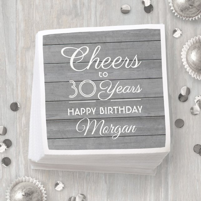 ANY Birthday Cheers Rustic Wood Elegant Gray White Napkin (Creator Uploaded)