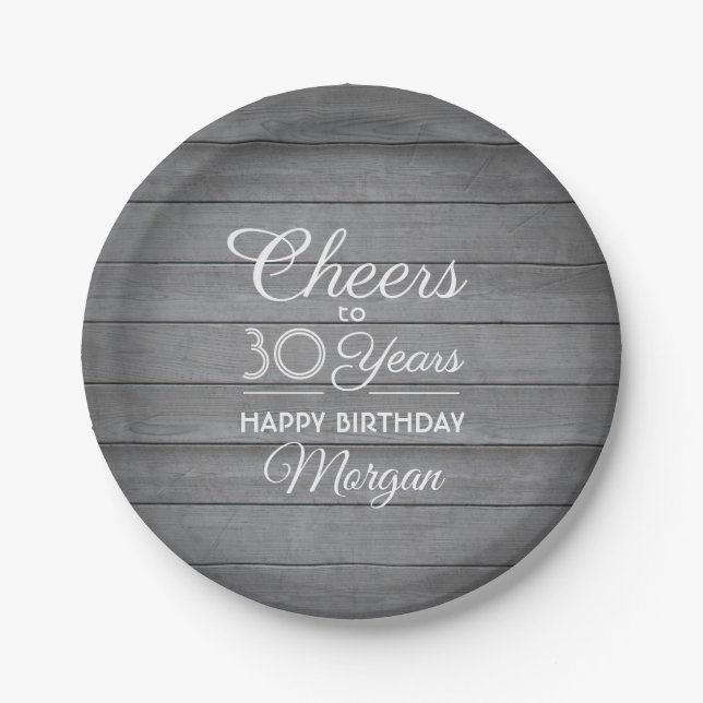ANY Birthday Cheers Rustic Wood Elegant Gray White Paper Plate (Front)
