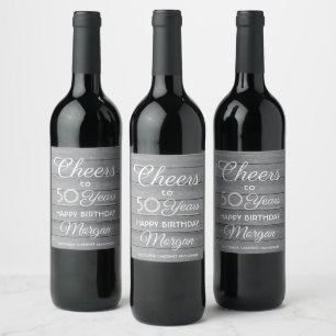 ANY Birthday Cheers Rustic Wood Elegant Grey White Wine Label