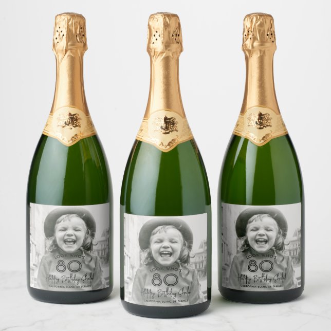 ANY Birthday Chic Black Typography & Photo Party Sparkling Wine Label (Bottles)