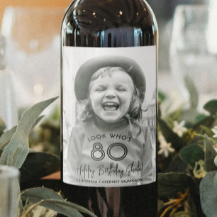 ANY Birthday Chic Black Typography Photo Party Wine Label