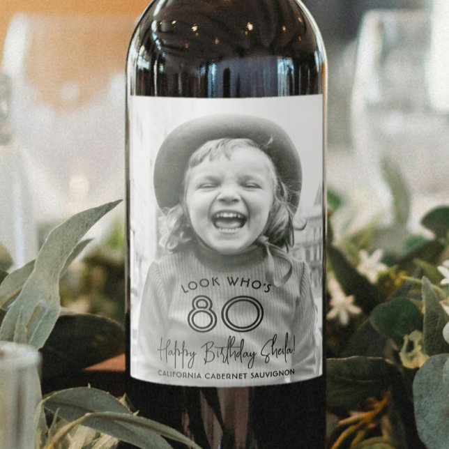 ANY Birthday Chic Black Typography Photo Party Wine Label (Creator Uploaded)
