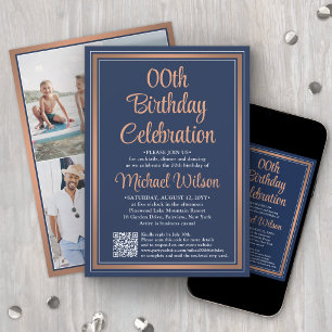 ANY Birthday • Copper & Navy Blue QR Code 4 Photo Invitation