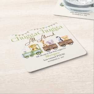 Any Birthday Cute Chugga Watercolor Animal Train   Square Paper Coaster