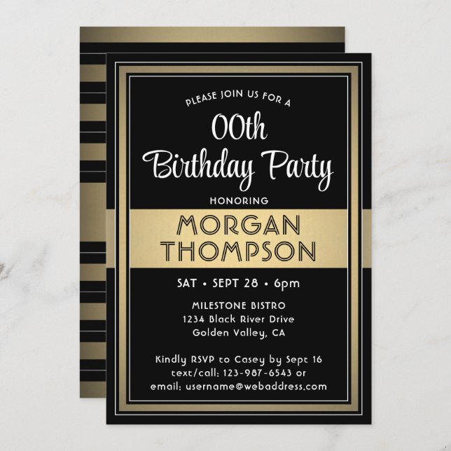 Any Birthday Elegant Black, White and Gold Party Invitation (Front/Back)
