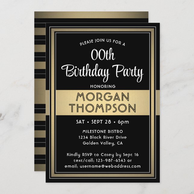Any Birthday Elegant Black, White and Gold Party Invitation (Front/Back)