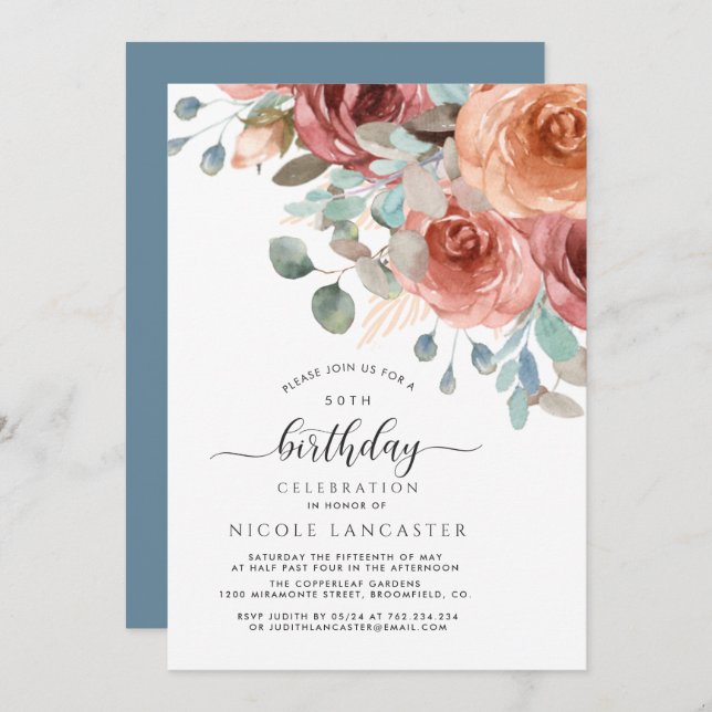 Any Birthday, Elegant, Dusty Blue and Blush Floral Invitation (Front/Back)