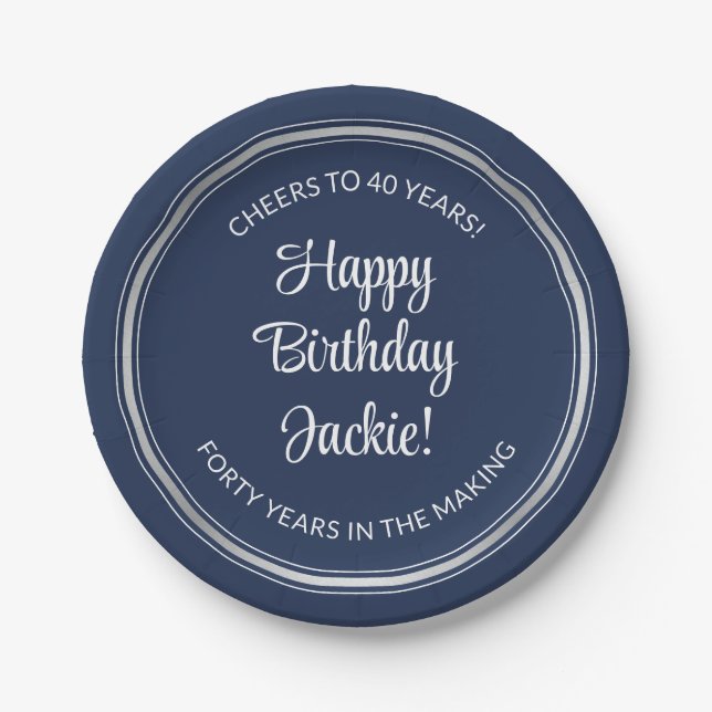 ANY Birthday Elegant Navy Blue White & Faux Silver Paper Plate (Front)