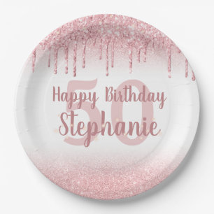 Any Birthday Girly Rose Gold Glitter Drip Napkins Paper Plate