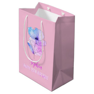 Any Birthday, Name, Pink & Blue Watercolor Flower Medium Gift Bag