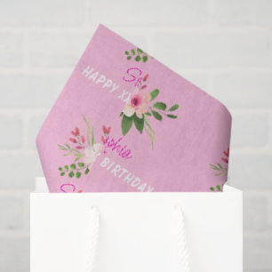 Any Birthday, Name, Pink Watercolor Flower Tissue Paper
