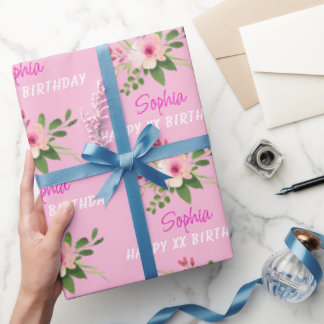 Any Birthday, Name, Pink Watercolor Flower Wrapping Paper