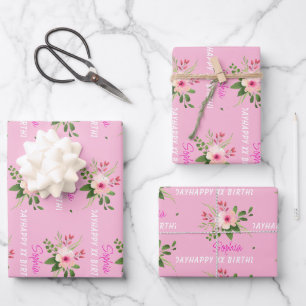 Any Birthday, Name, Pink Watercolor Flower Wrapping Paper Sheet