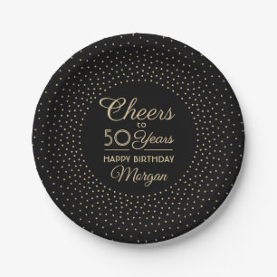 ANY Birthday Party Cheers Black and Gold Confetti Paper Plate