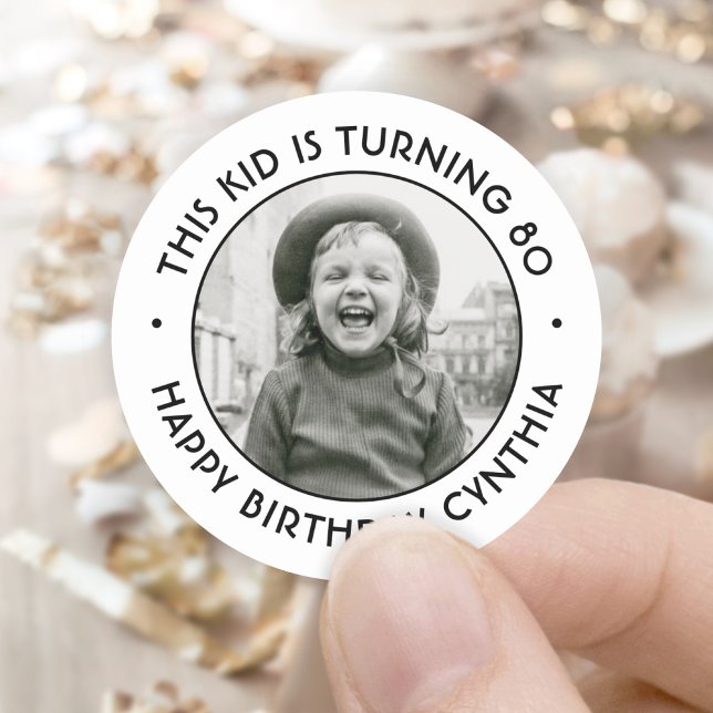 ANY Birthday Party Chic Simple Photo Black & White Classic Round Sticker (Creator Uploaded)