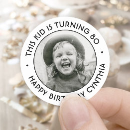 ANY Birthday Party Chic Simple Photo White & Black Classic Round Sticker