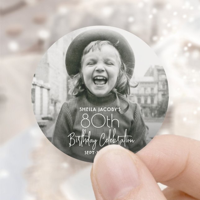 ANY Birthday Party Chic White Typography & Photo Classic Round Sticker (Creator Uploaded)