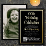 Any Birthday Party QR Code & Photo Black and Gold<br><div class="desc">Invite family and friends to an elegant celebration for him or her with stylish custom photo birthday party invitations with QR Code RSVP. Picture and all wording on this template are simple to customise. (IMAGE PLACEMENT TIP: An easy way to centre a photo exactly how you want is to crop...</div>