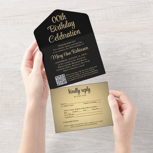 ANY Birthday Party QR Code RSVP Black and Gold All In One Invitation (Tearaway)