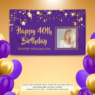 Any Birthday Photo Purple Gold Stars Personalised Banner