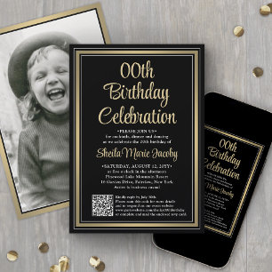 ANY Birthday • Photo & QR Code Black & Gold Party Invitation