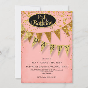 Any Birthday Pink and Gold Pennant Banner Confetti Invitation