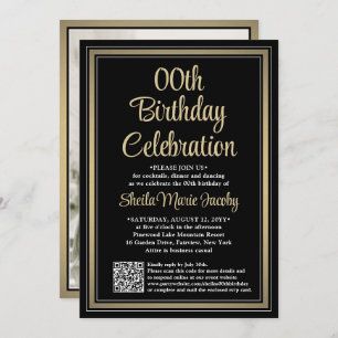 Any Birthday QR Code & Photo Black and Gold Party Invitation