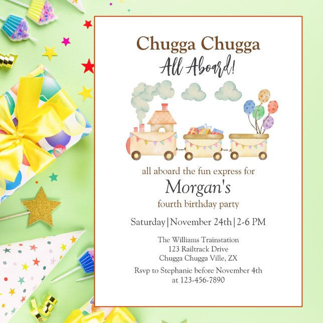 Any Birthday Watercolor Brown Train Fun Express Invitation (Creator Uploaded)