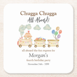 Any Birthday Watercolor Brown Train Fun Express Square Paper Coaster