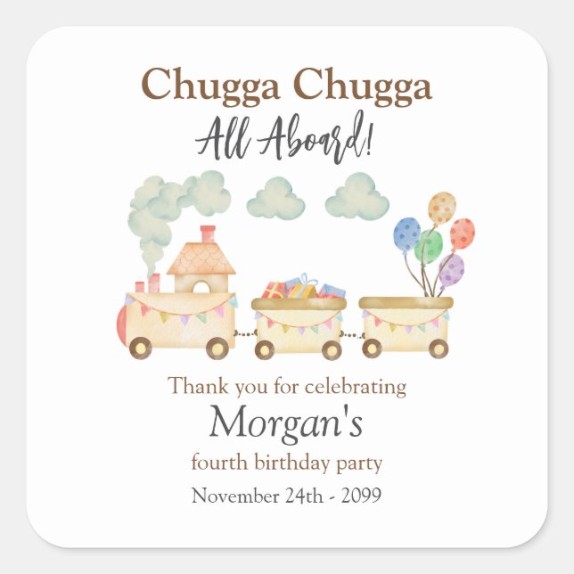 Any Birthday Watercolor Brown Train Fun Express Square Sticker (Front)