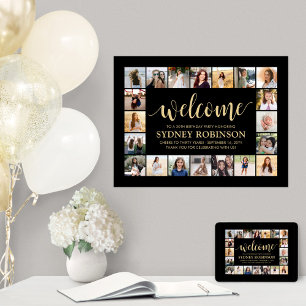 ANY Birthday Welcome 20 Photo Collage Black & Gold Poster