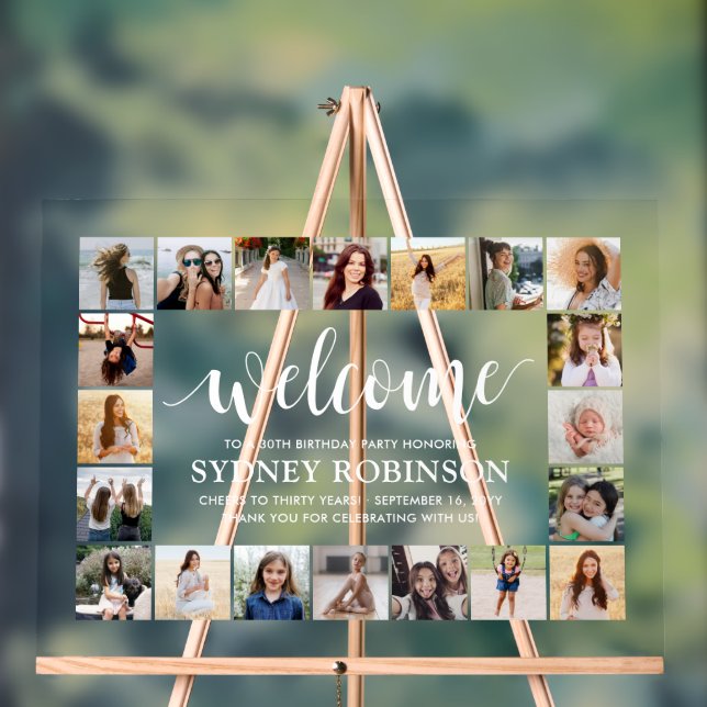 ANY Birthday Welcome Script 20 Photo Collage Party Acrylic Sign (Neutral)