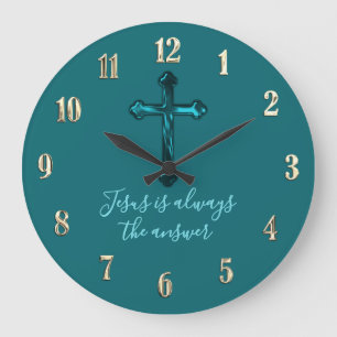 Any Color Background Teal Cross Large Clock