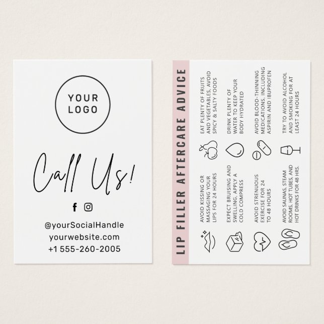 Any color Custom Logo Lip Filler Aftercare Card  (Front & Back)