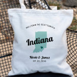 Any Color Indiana Map Wedding Welcome Bag, Tote Bag<br><div class="desc">Wedding weekend welcome gift bag for out of town guests to your wedding, featuring image of Indiana. You may edit the colors for any part of this design, as well as move the heart to the location of your wedding. To change colors, click personalize and then "edit using the design...</div>