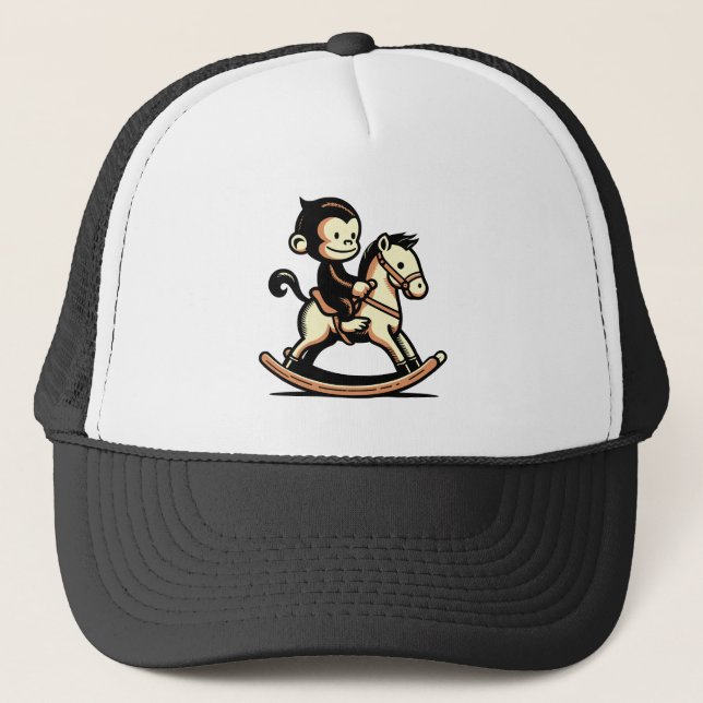 Any Color Monkey On Rocking Horse Trucker Hat (Front)
