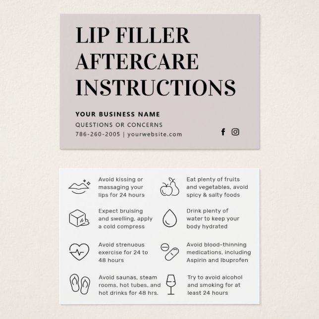 Any Color Simple Lip Filler Botox Aftercare Card (Front & Back)