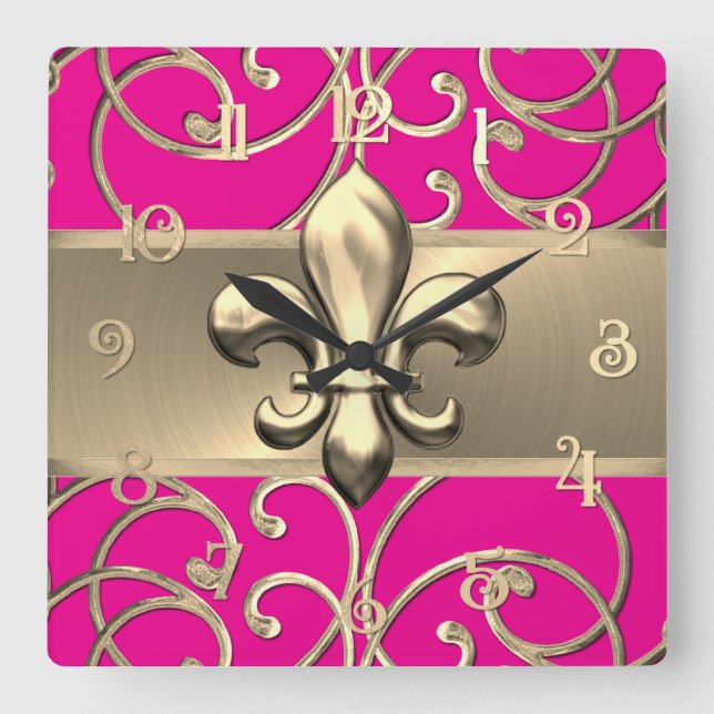 Any Colour and Gold Filigree Swirls Fleur de Lis Square Wall Clock (Front)