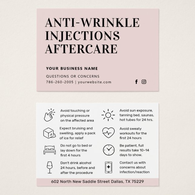 Any Colour Anti Wrinkle Injections Aftercare Card (Front & Back)