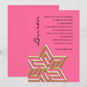 Any Colour Bat Mitzvah Large Gold  Star of David Invitation