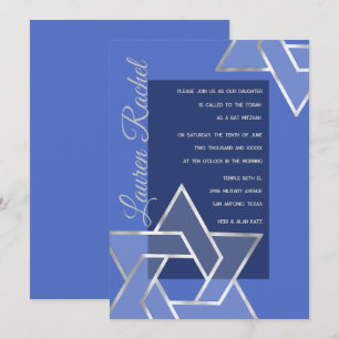 Any Colour Bat Mitzvah Large Silver Star of David Invitation