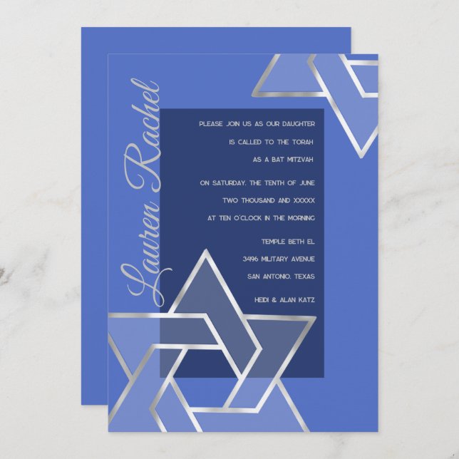 Any Colour Bat Mitzvah Large Silver Star of David Invitation (Front/Back)