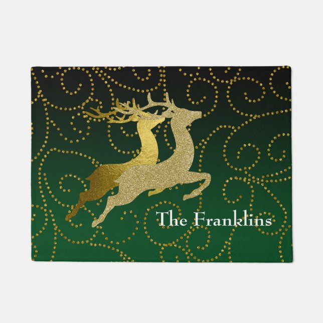 Any Colour Black Ombre Two Gold Reindeer Holiday Doormat (Front)